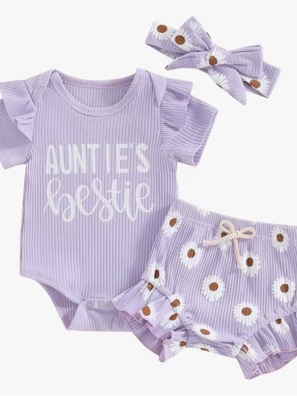 Lilac Baby Girls "Auntie's Bestie" Bodysuit Set with Daisy Shorts & Headband